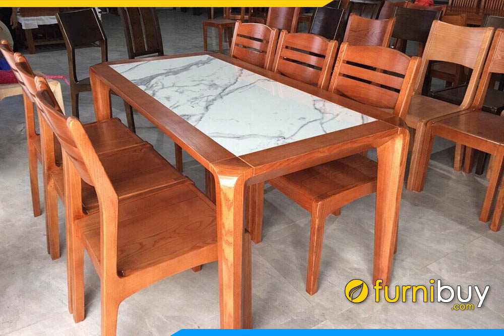 Hình ảnh bộ bàn ăn 6 ghế gỗ sồi nga mặt đá đẹp màu cánh gián hiện đại